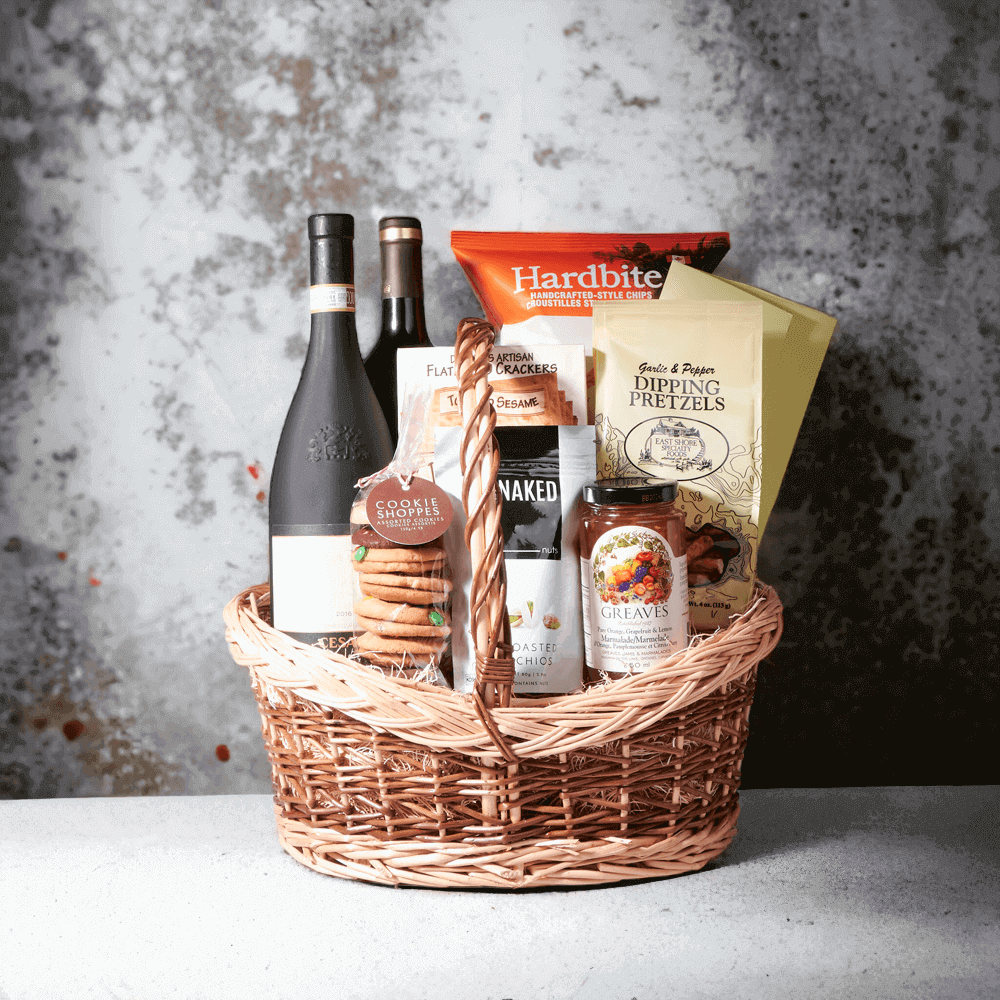 This beautiful wicker basket comes packed and loaded with a wonderful variety of treats, including enough wine to satisfy an evening for two.
