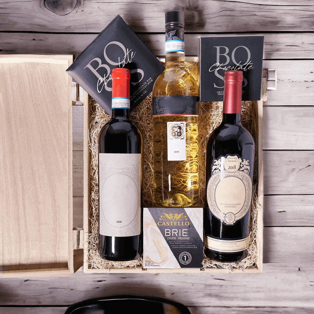 The Vintage Wine, Chocolate, & Cheese is the perfect gift for the lover of wine in your life. Packaged with sweet treats, this crate of vineyard goodness is perfect for any event or occasion.