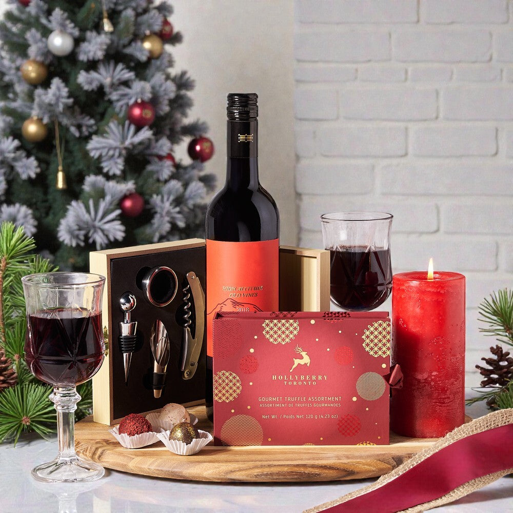 Christmas Wine Lover Gourmet Basket, Wine Gift Baskets, Chocolate Gift Baskets, Wine, Chocolate Truffles, Candle, Canada Delivery