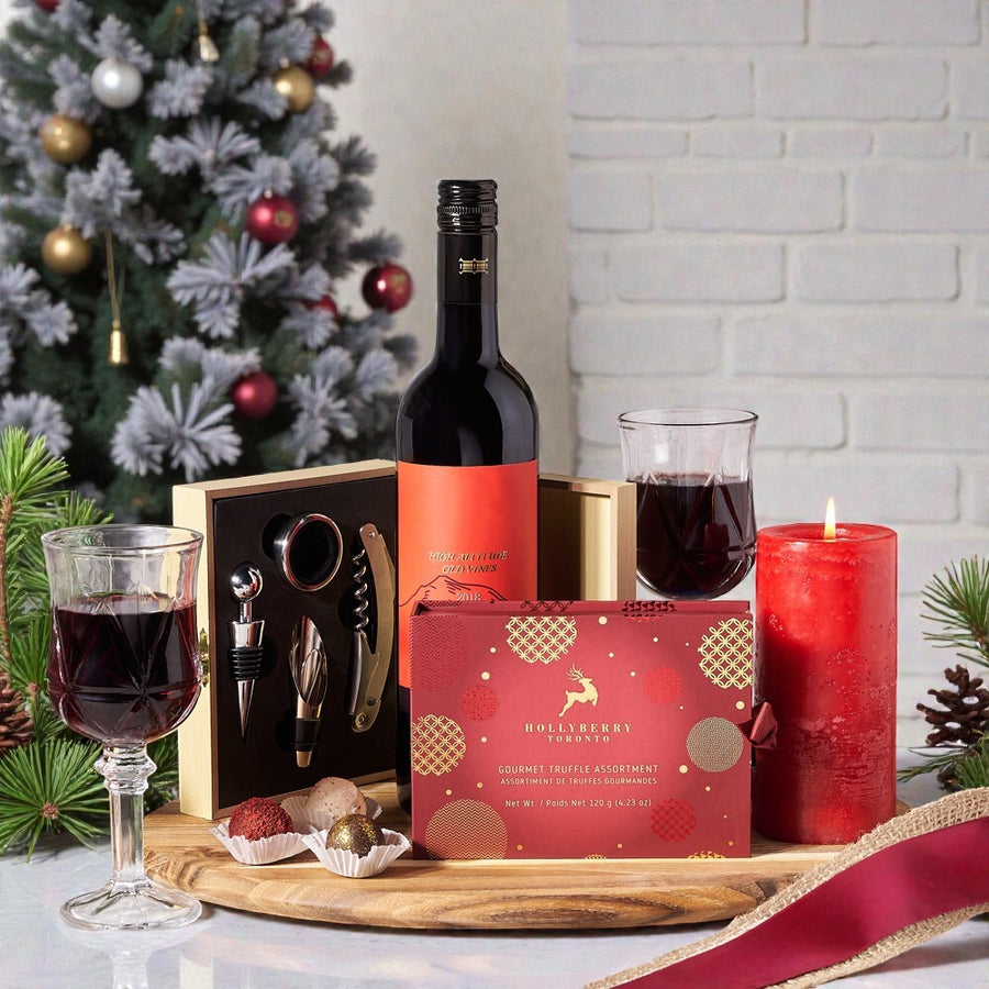 Christmas Wine Lover Gourmet Basket, Wine Gift Baskets, Chocolate Gift Baskets, Wine, Chocolate Truffles, Candle, Canada Delivery