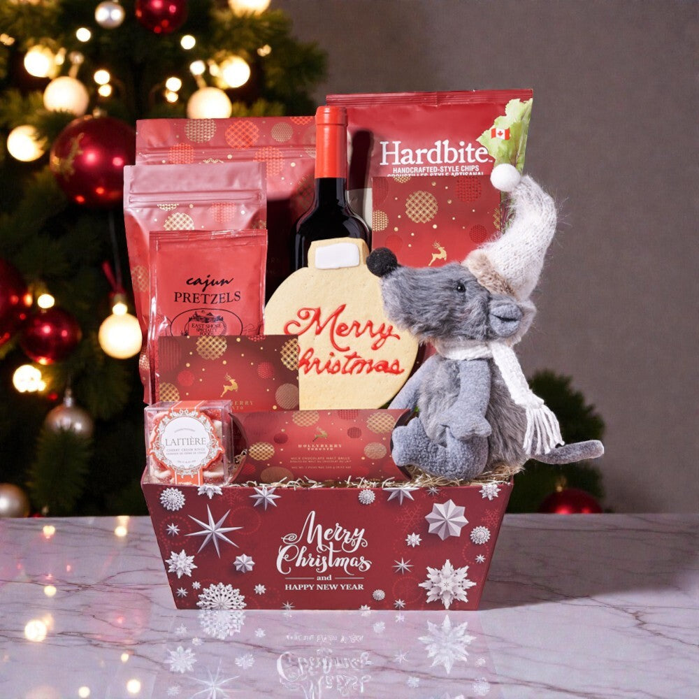 Timeless Christmas Wine Gift Set, with Wine, gourmet gift basket,  gourmet,  pretzels,  Popcorn,  Christmas Gift Baskets,  Christmas Cookie,  Christmas tray,  cookies,  Hot Chocolate,  chocolate,  beet chips,  wine,  wine gift basket delivery, delivery wine gift basket, Christmas tray Canada, Canada Christmas tray.