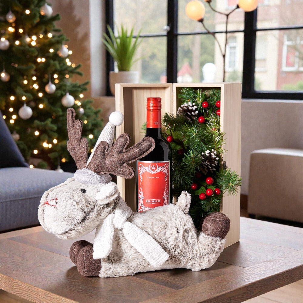 North Pole Christmas Wine Box, Christmas Gift Baskets, Wine Gift Baskets, Wine, Reindeer Plushy, Canada Delivery