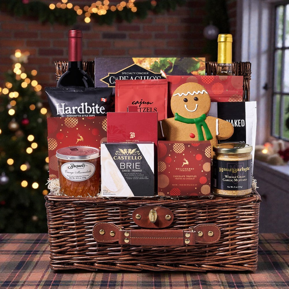Christmas Wine Indulgence Basket, chocolate, wine, wine gift basket, gift basket, basket, gift, goodies, Christmas, holiday, pretzel, popcorn, chips, shortbread, cookies, delivery, CA