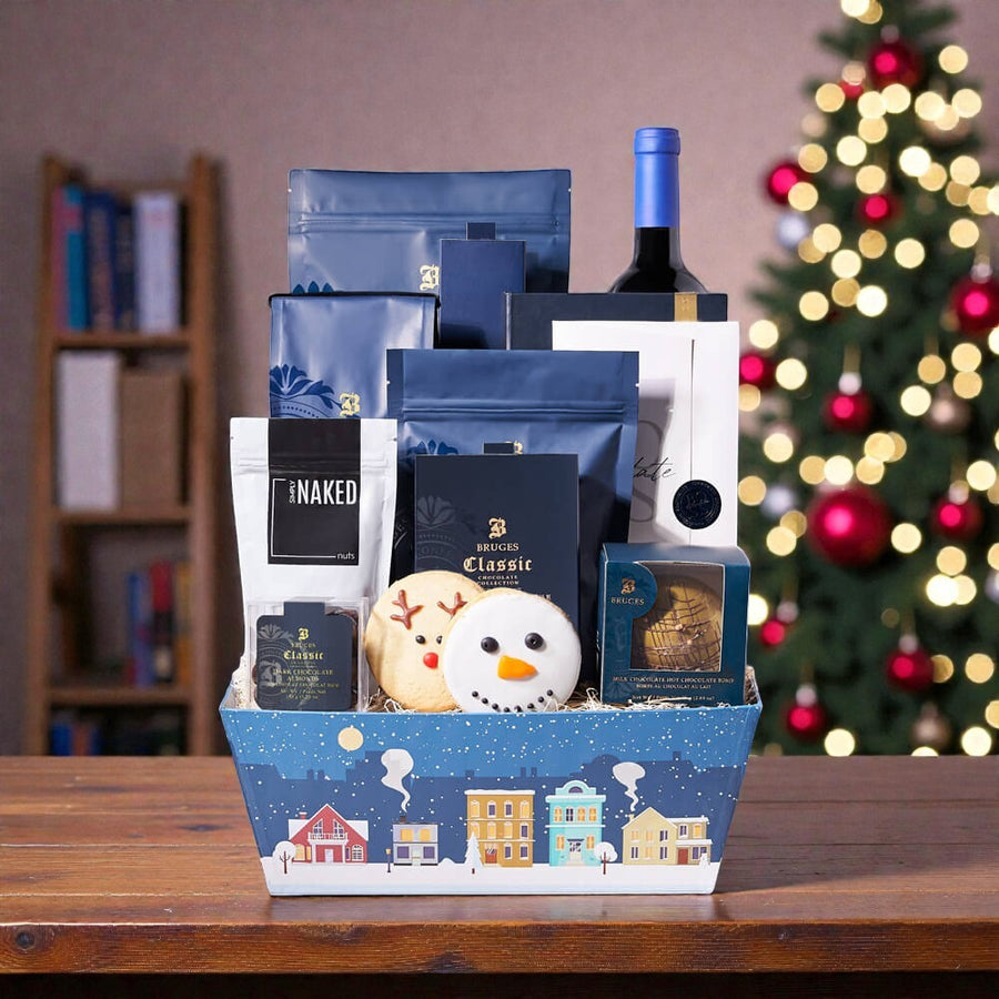 Jolly Winter Wine & Chocolate Basket, Christmas gift, Christmas, holiday gift, holiday, wine gift, wine, coffee gift, coffee, cookie gift, cookie
