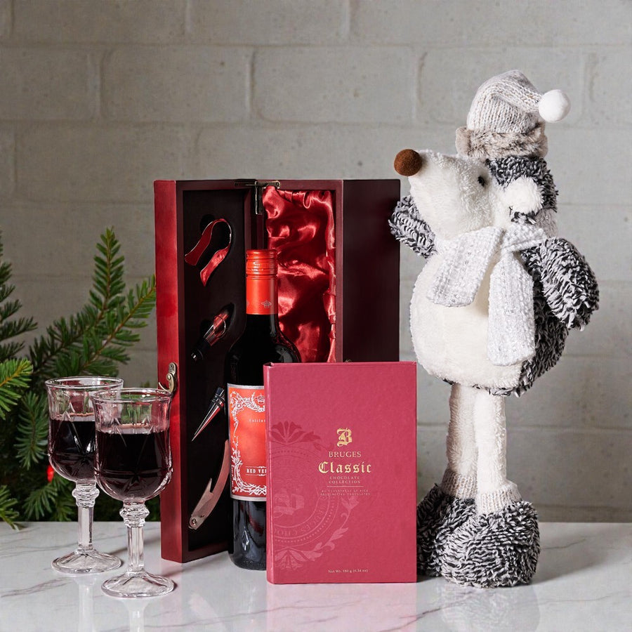 Jolly Winter Wine & Chocolate Treats, Christmas Gift Baskets, Wine Gift Baskets, Gourmet Gift Baskets, Xmas Gifts, Plushy, Chocolate, Wine, Canada Delivery