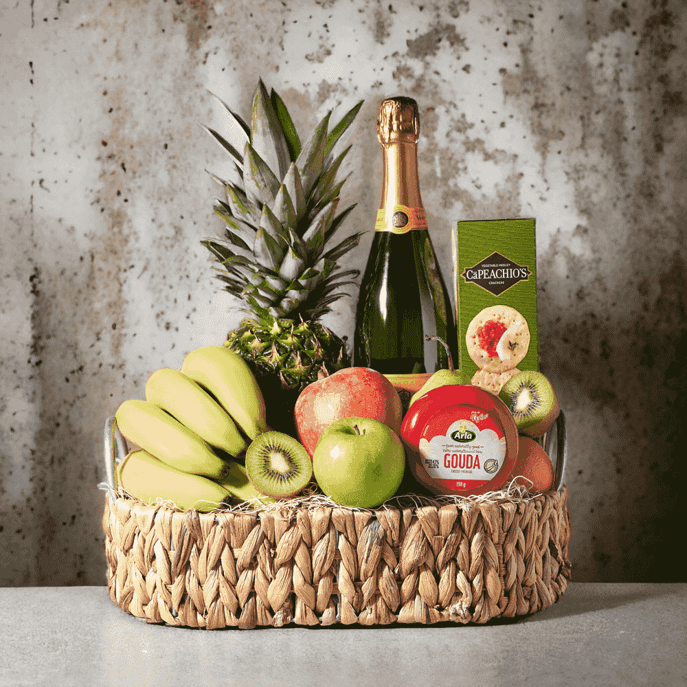 Bountiful Harvest & Bubbly Gift Basket features Fresh Fruit & Gourmet Goodies.