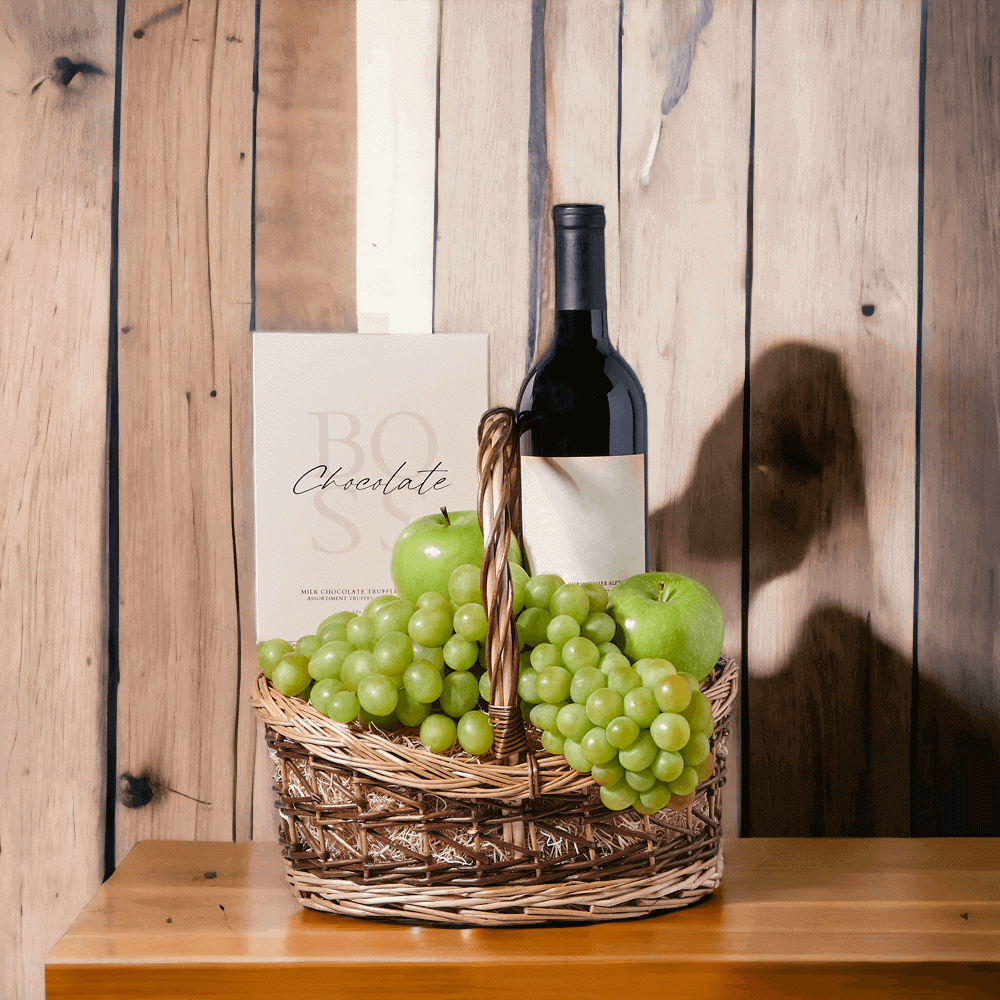 Included in this Gift Basket: Wine - Bottle of Wine : This gift includes a bottle of red wine.