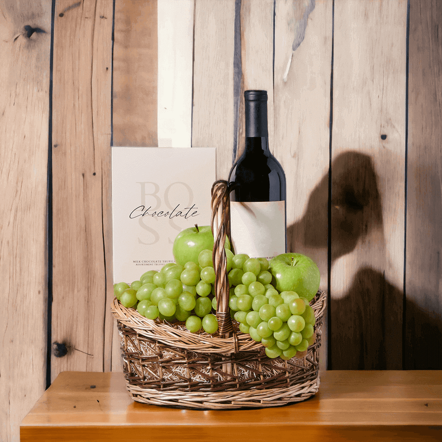 Included in this Gift Basket: Wine - Bottle of Wine : This gift includes a bottle of red wine.