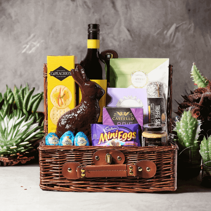 Easter Bunny Chocolate Gift Basket - It has a Wine, Chocolate, Cookies, Candy, Salami, Mustard, Cheese and Crackers