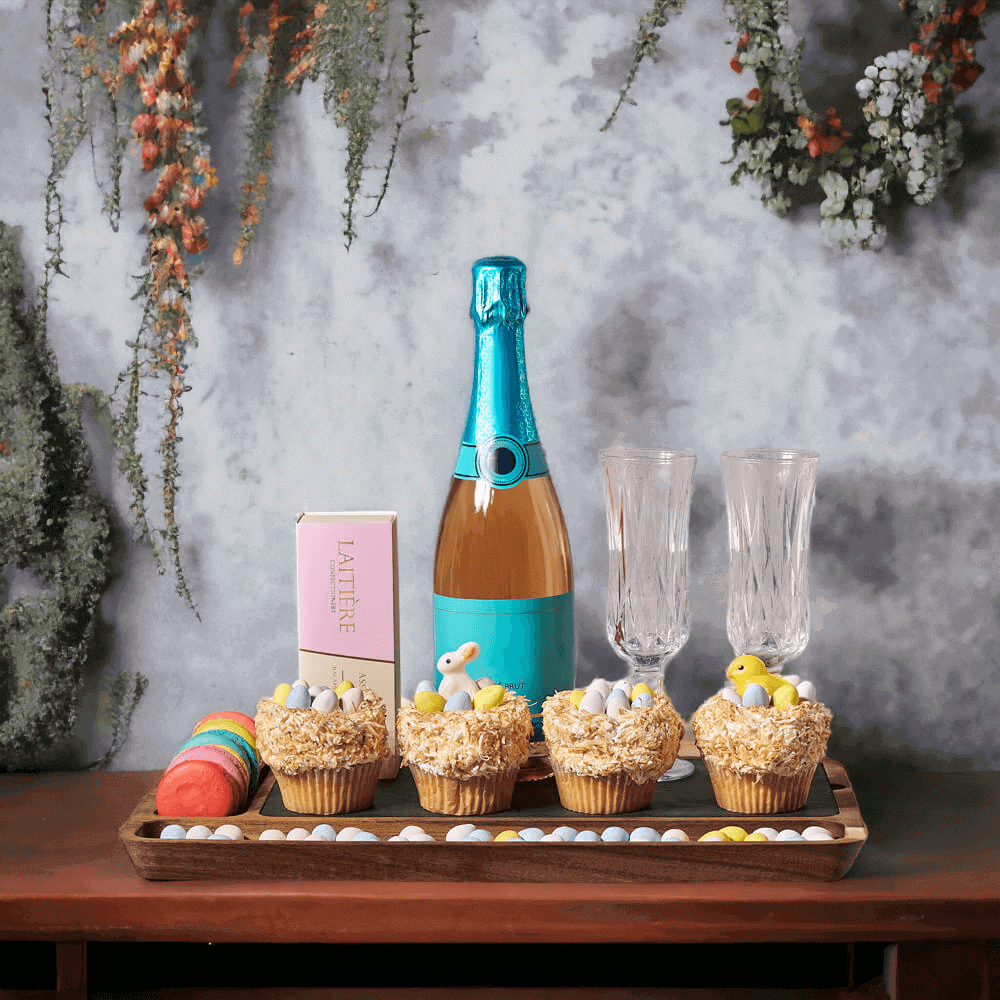 Easter Cupcakes & Sparkling Wine - This gift includes a bottle of sparkling wine, Cupcakes and Macarons