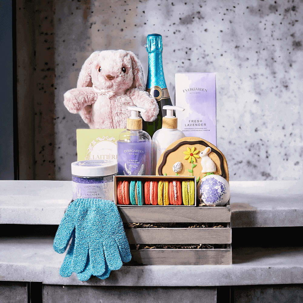 Easter Spa Gift Basket, easter gift, easter, champagne gift, champagne, sparkling wine gift, sparkling wine, gourmet gift, gourmet, spa gift, spa, bath gift, bath