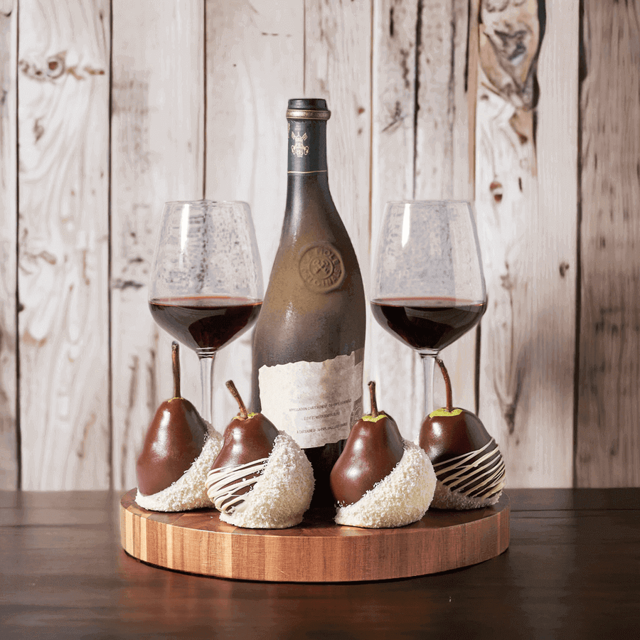 This classy gift set includes our fresh and delicious chocolate-dipped pears enrobed in decadent gourmet chocolate, then accented with a beautiful design made from white chocolate.