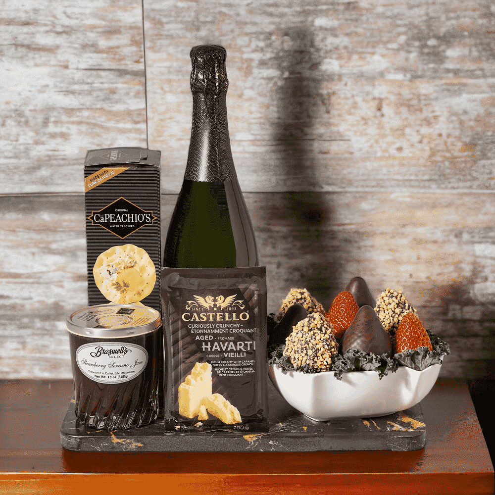 "Love You Forever" Gift Set with Sparkling Wine includes: Chocolate Dipped Strawberries, Cheese, Sparkling Wine, Serving Board, Crackers & Jam.