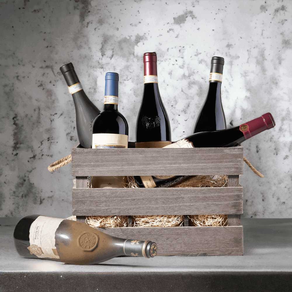 "Monthly Sommelier's Six Wine Crate with Premium Vintage Wine." Six bottles of premium vintage wine from our extensive collection packed into a durable wooden crate!