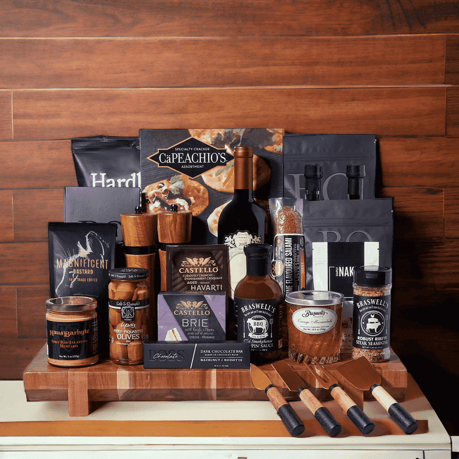 "Supremely Abundant Feast" Gift Basket with Bottle of Wine, Extra Large Dark Wood End Grain Cutting Board, Popcorn, Cookies, Chocolate, Crackers, Chips, Coffee, Olive Oil, Vinegar, Mustard, BBQ Sauce, Seasoning, Cheese, Olive, Salami, Nuts, Marmalade, Salt & Pepper Mills, Cheese Knives. 