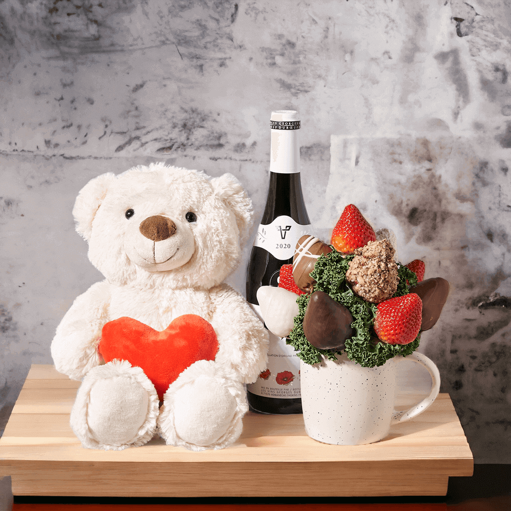 It features a wonderful collection of chocolate dipped strawberries arranged into a cream mug!