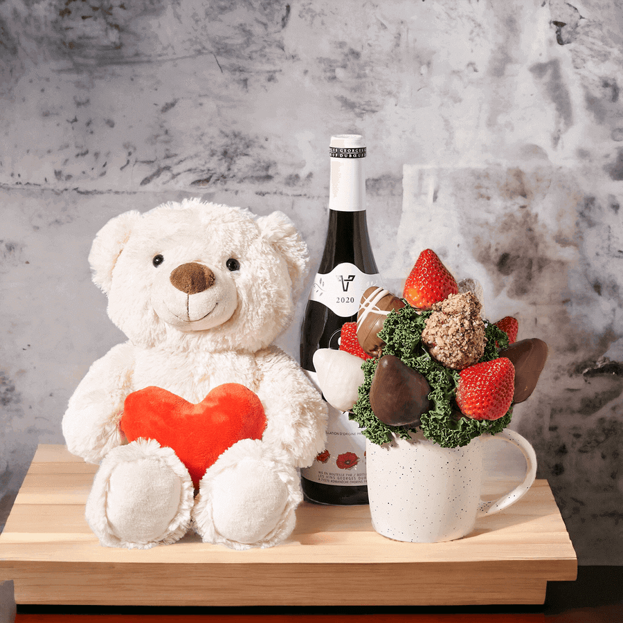  It features a wonderful collection of chocolate dipped strawberries arranged into a cream mug!