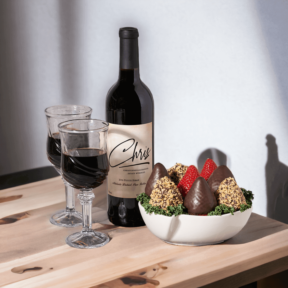 The Chocolate Dipped Strawberry Gift Basket with Wine features delectable treats that are seriously sweet, as well as a bottle of wine, which can be upgraded from our wine list.