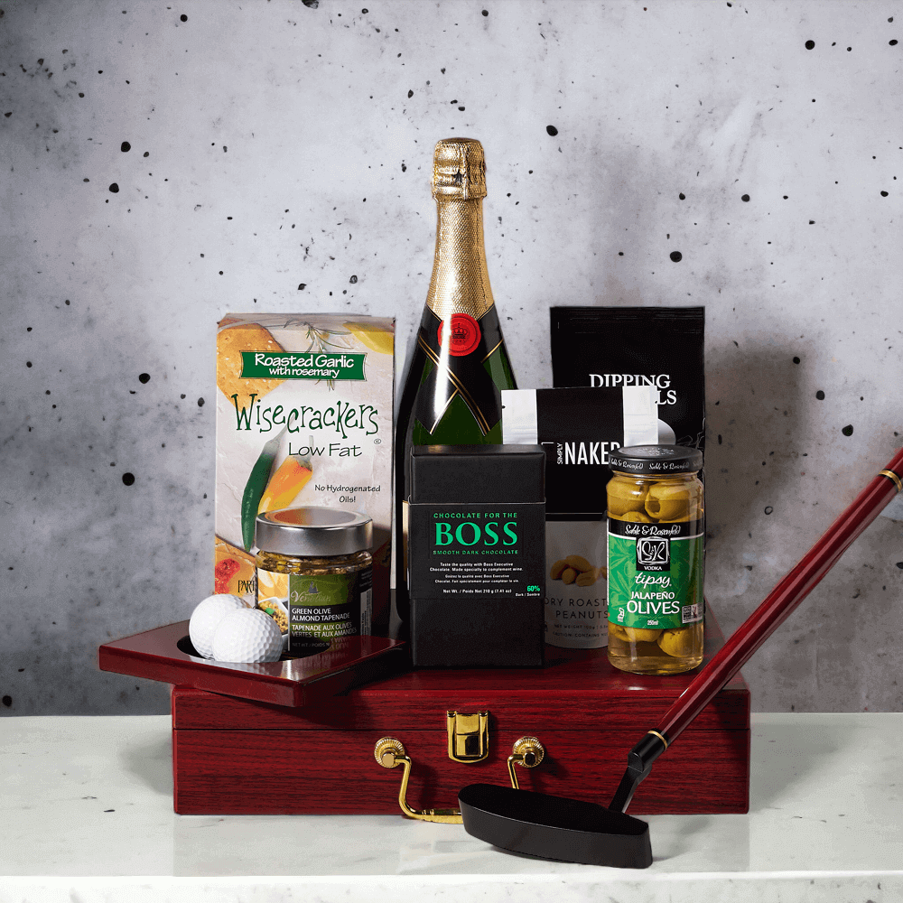 The Golf Lover's Dream Gift Basket - with Champagne is a perfect gift for the golfer in your life who loves to practice putting and enjoying a snack or two! This wonderful gift features a golf putting set that has a putter, golf balls, practice cup, and a carrying case.