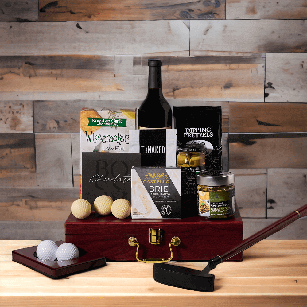 The Golf Lover's Dream Gift Basket - with Wine! Great for business trips, office down time, or practicing your putting technique at home, any golfer will love it! 