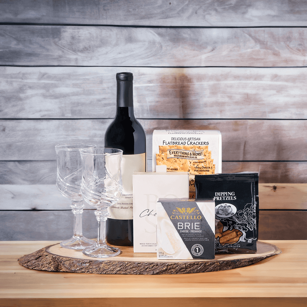 The Wine & Cheese Gift Board features a wonderful arrangement of fine gourmet snacks that are sure to satisfy those indulgent cravings.