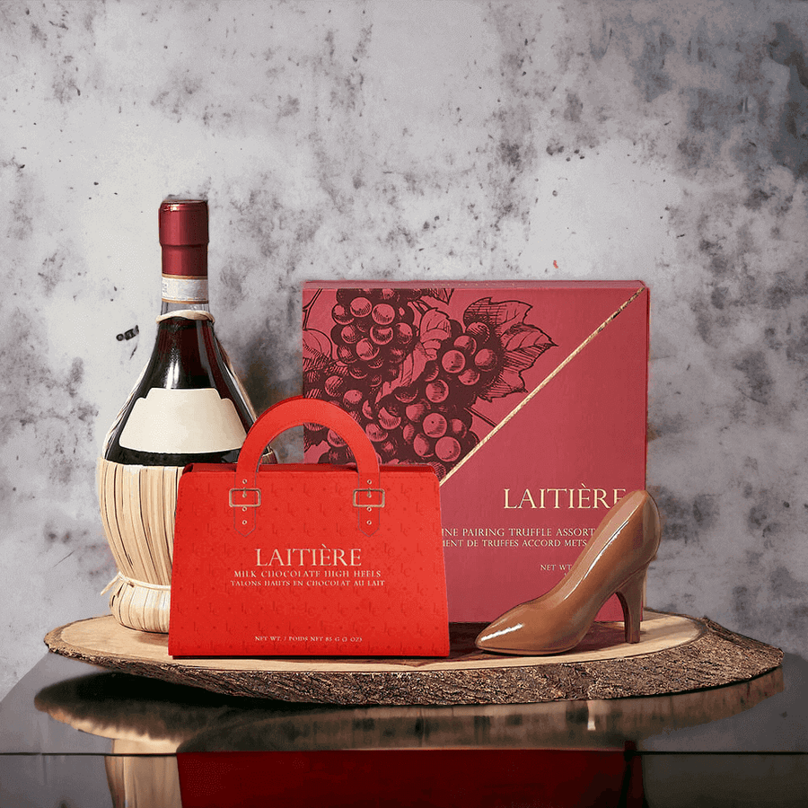  The Wine & Chocolates Gift Board, it is sure to! This gift set features attractive gifts like a bottle of wine, wine-inspired chocolate truffles, milk chocolate high heels, and a beautiful live-edge serving board.