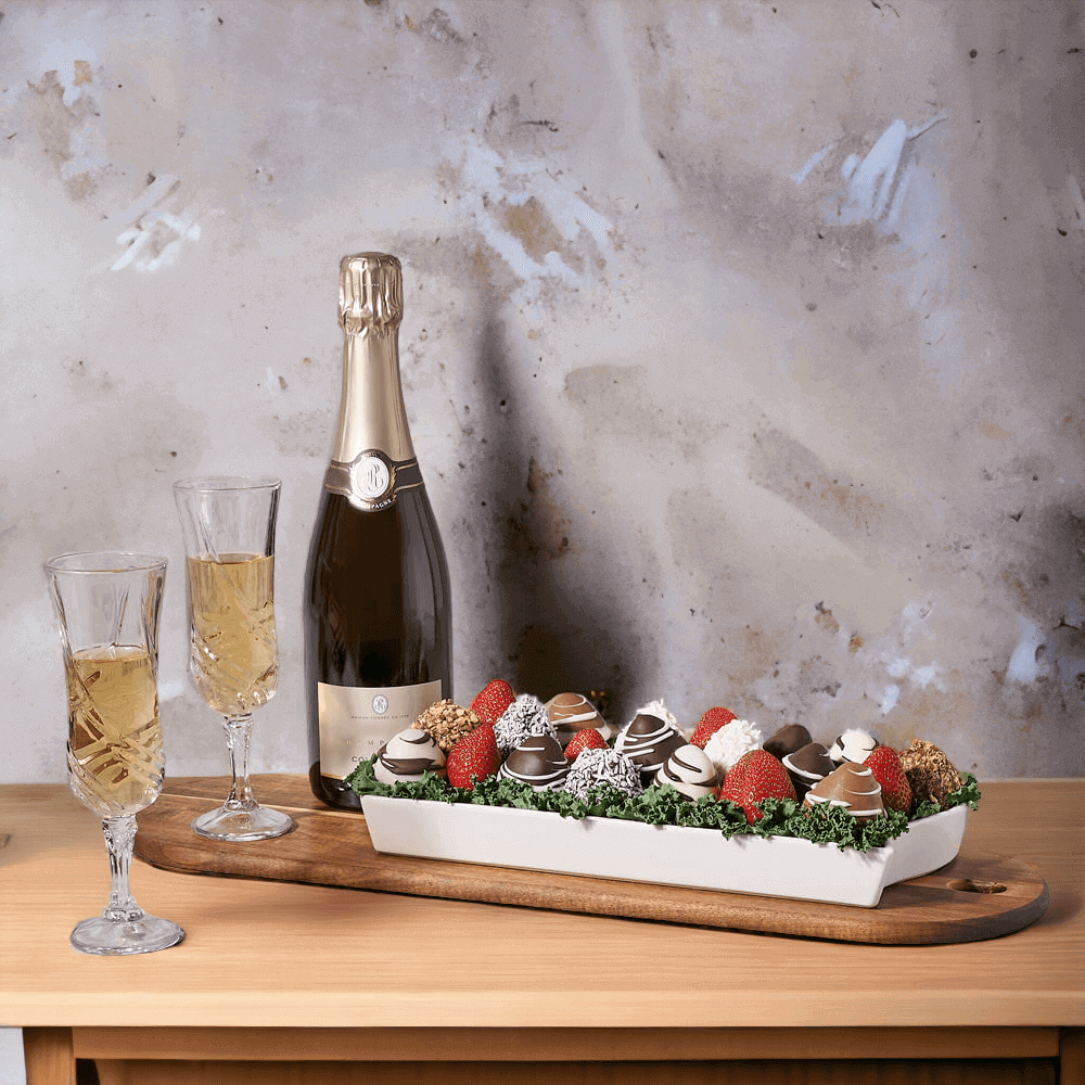 The Wonderfully Pleasing Bubbly & Chocolate Strawberries Gift from Monthly Sommelier. It includes handmade chocolate covered strawberries and a bottle of bubbly, perfect for letting someone special know how much they mean to you.