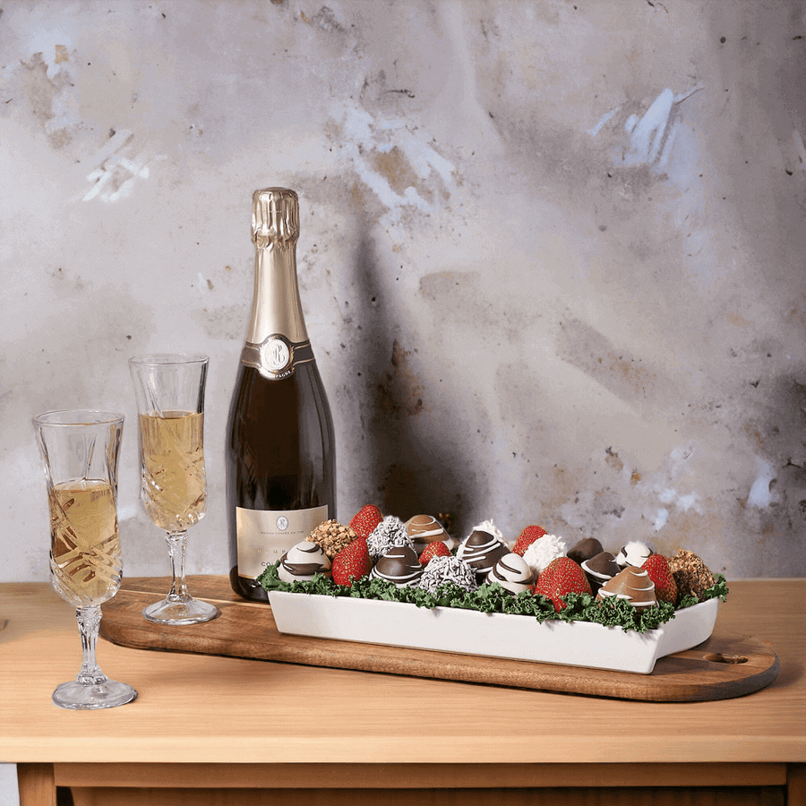 The Wonderfully Pleasing Bubbly & Chocolate Strawberries Gift from Monthly Sommelier. It includes handmade chocolate covered strawberries and a bottle of bubbly, perfect for letting someone special know how much they mean to you.