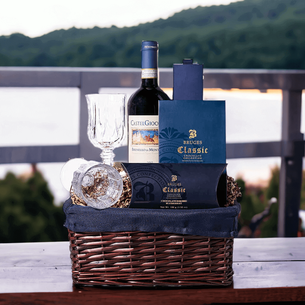 For a taste of Tuscany, the Tuscan CastelGiocondo Red Wine & Chocolate Basket is a delightful opportunity to enjoy a full-bodied wine with notes of cedar, red fruit, and leather.