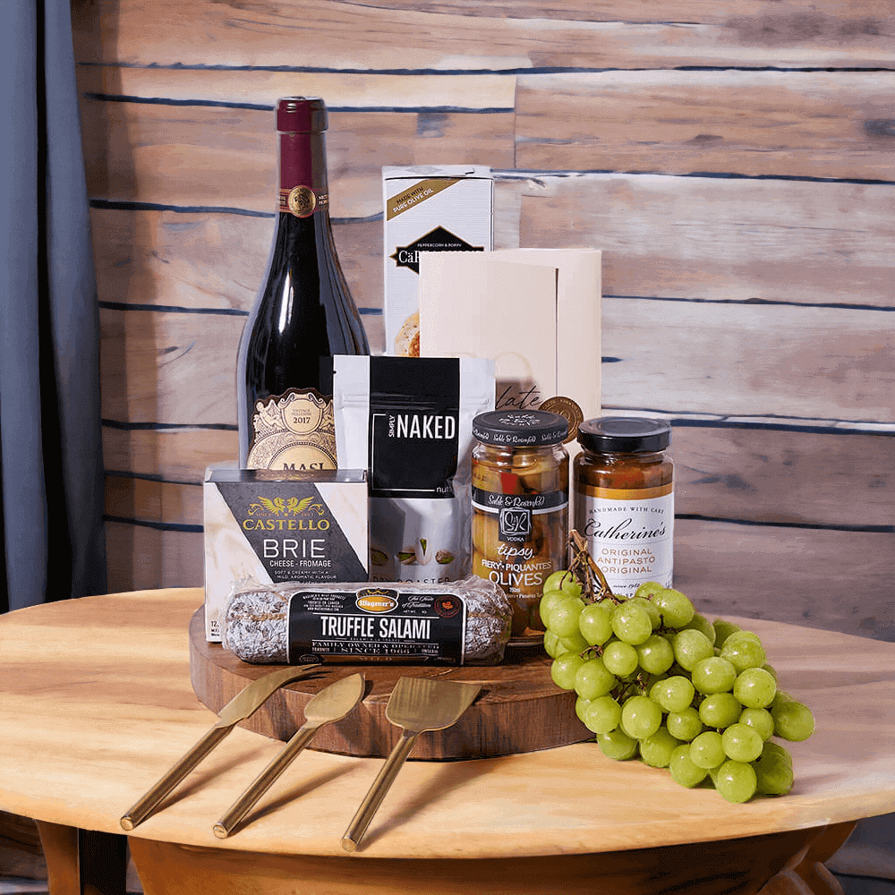 Veneto Masi Costasera Amarone Wine & Charcuterie Board is a gourmet offering with a red wine from the Veneto region of Italy and plenty of delicious treats to enjoy as well.