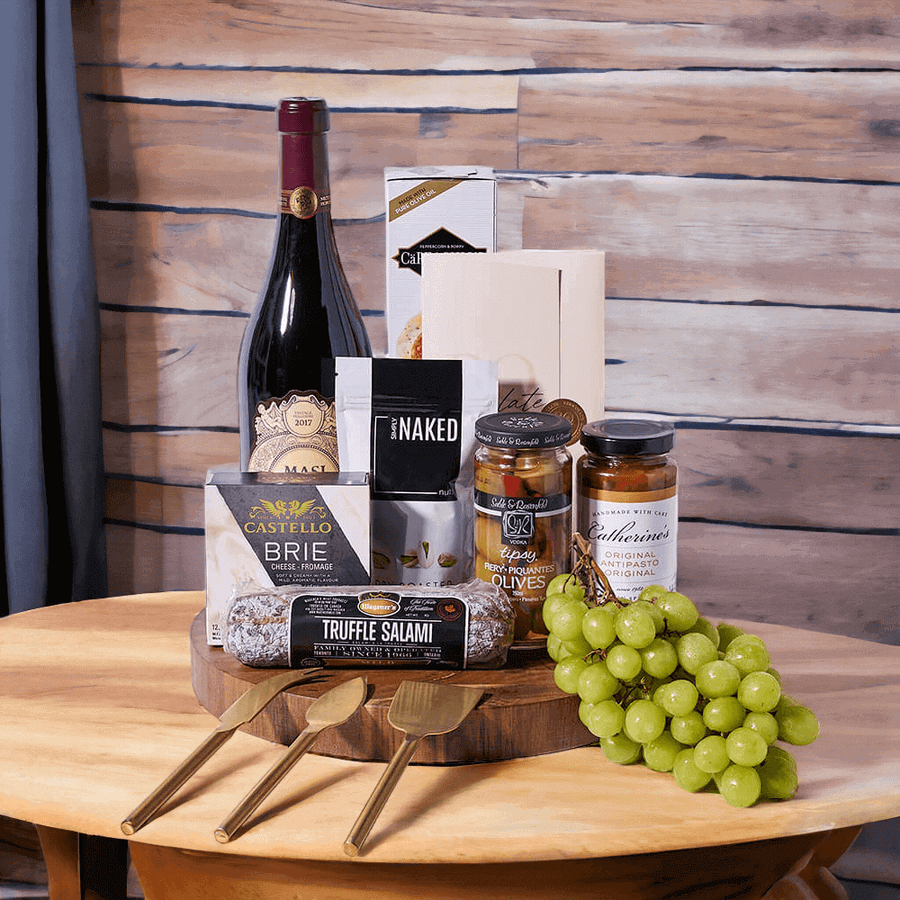 Veneto Masi Costasera Amarone Wine & Charcuterie Board is a gourmet offering with a red wine from the Veneto region of Italy and plenty of delicious treats to enjoy as well.