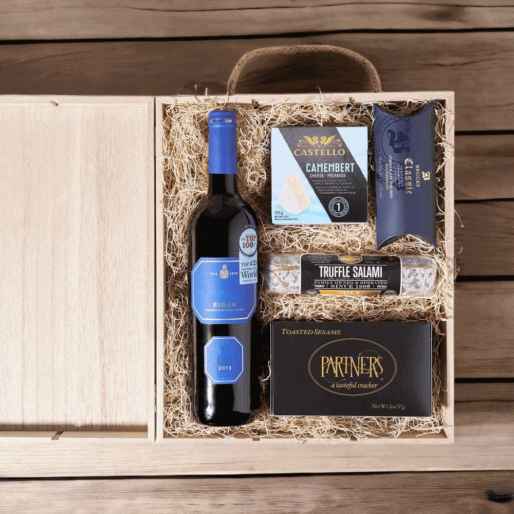 Complete with a bottle of wine, and a wide collection of delectable treats, the Wine & Cheese Gift Crate is a wonderful gift to send or share with family and friends.