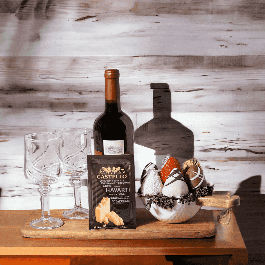 "True Luxury" Wine & Chocolate Dipped Strawberries Gift Chocolate Covered Strawberries, Bottle of Wine, Cutting Board, 2 Fontana (Wine Glasses), and Cheese. 