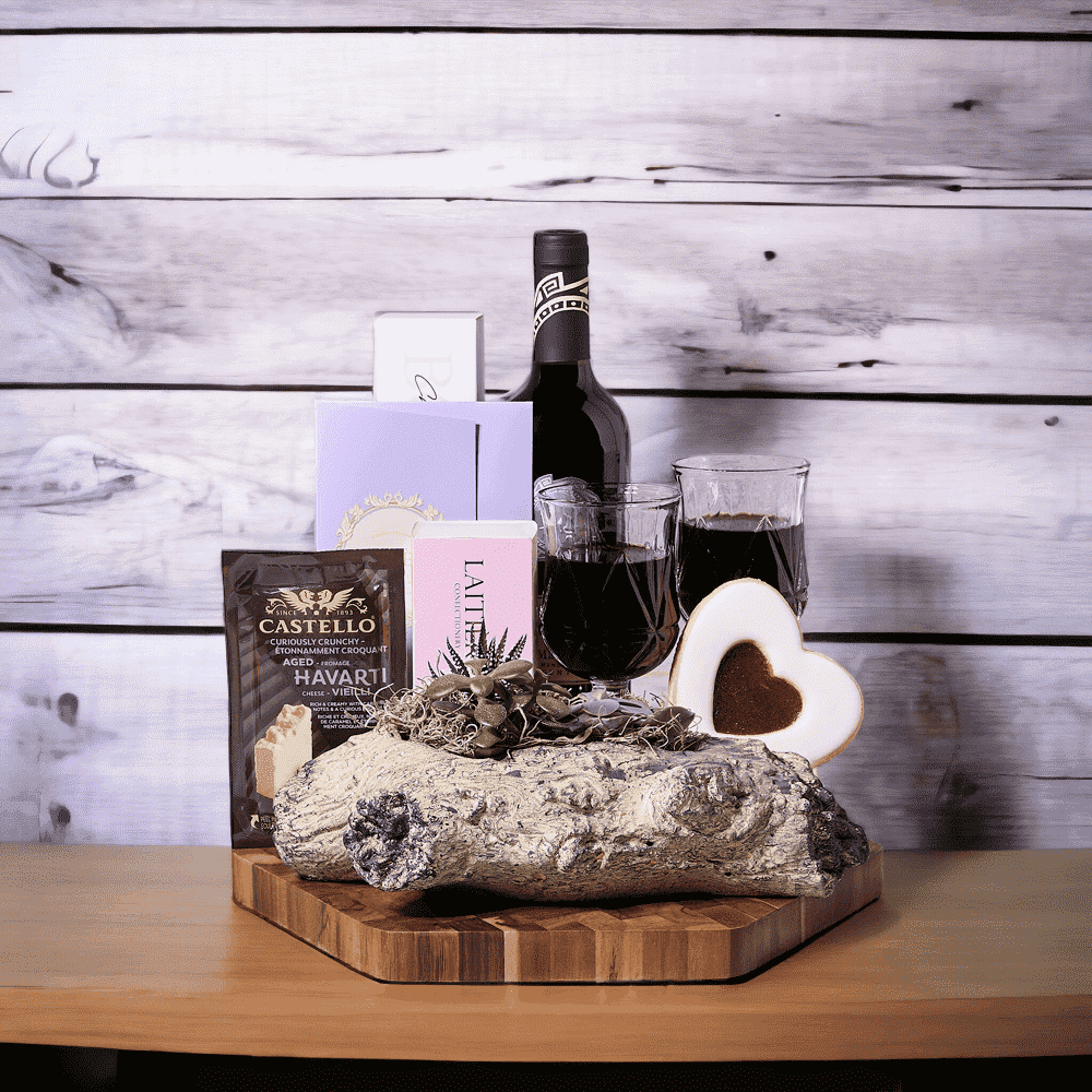 Wine, Chocolate, & Cheese for Two Gift Set, Wine - Bottle of Wine : This gift includes a bottle of red wine. Macarons - LaitiAre Assorted Macaron Box : These assorted macarons from LaitiAre are a delicious and gourmet indulgence. Cutting Board - Hexagonal Acacia End Grain Cutting Board.