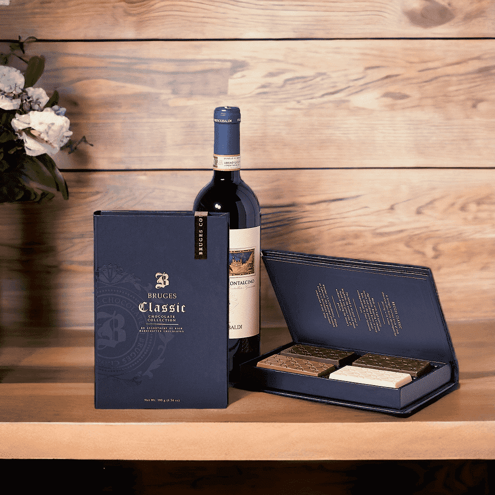 Wine, Chocolate, &amp; Love Gift Set , Chocolate - Bruges Classic Chocolate Collection Book Box : Wine - Bottle of Wine : This gift includes a bottle of red wine. 